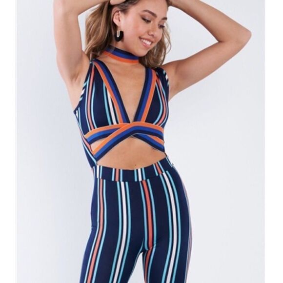 Only one left size XL Womans Navy/Multi. Striped Long Jumpsuit - Picture 3 of 10